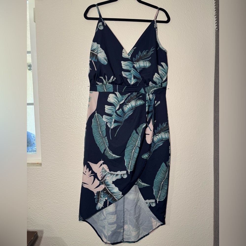 Navy Tropical Leaf faux wrap Midi Dress